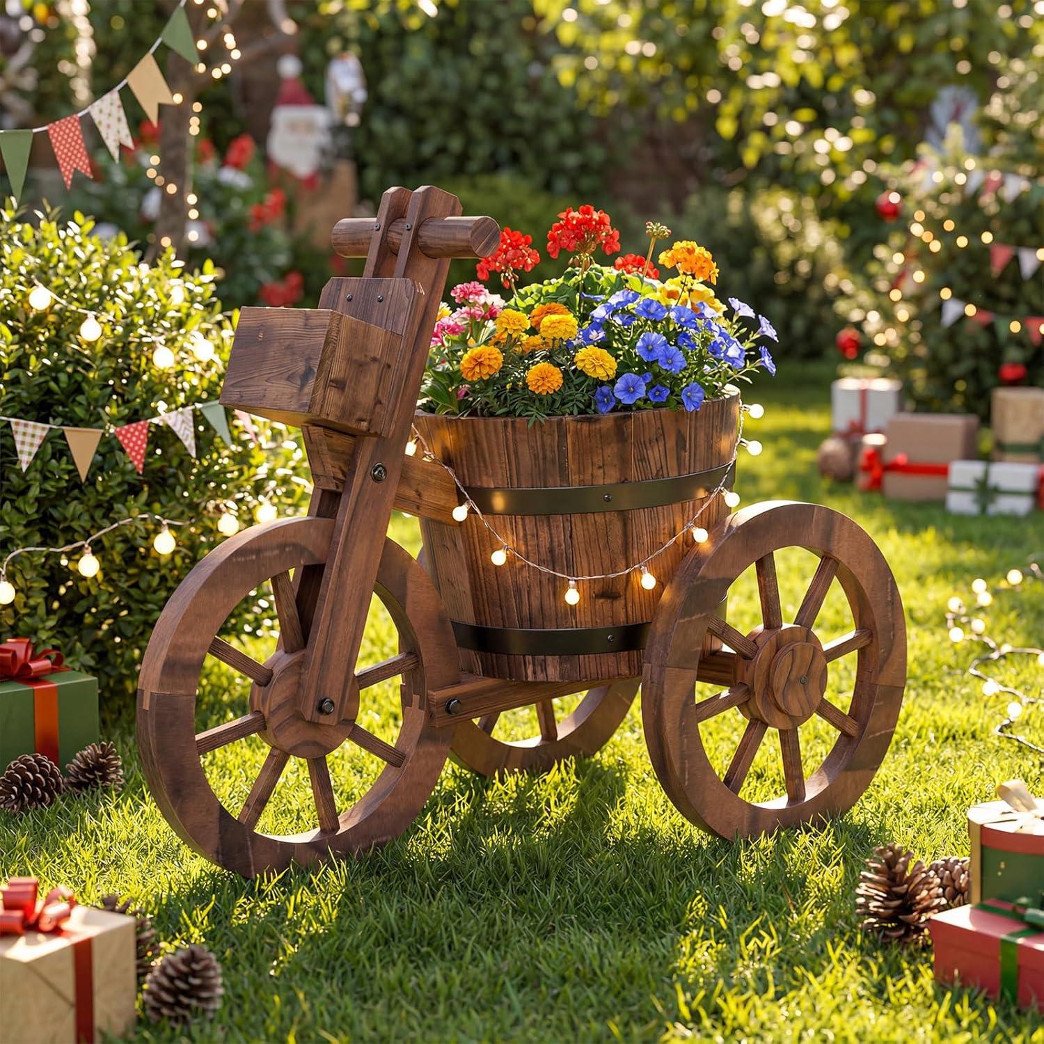 image:imageGiantex Wooden Wagon Planter with Wheels Rustic Wood Plant Stand with Drainage Hole for Flowers Herbs Vegetables Indoor Outdoor Decorative Garden Flower Cart for Patio Backyard Balcony 12