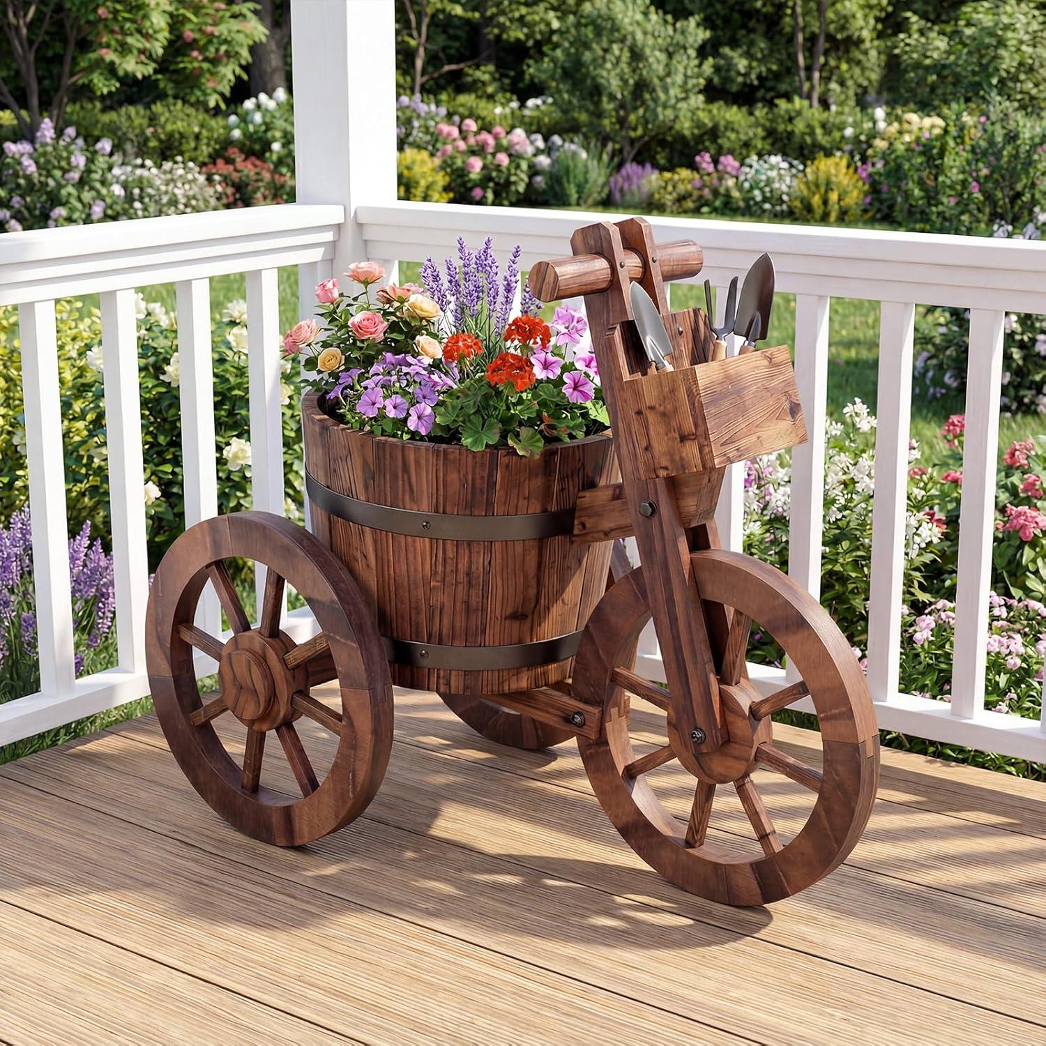 image:imageGiantex Wooden Wagon Planter with Wheels Rustic Wood Plant Stand with Drainage Hole for Flowers Herbs Vegetables Indoor Outdoor Decorative Garden Flower Cart for Patio Backyard Balcony 11