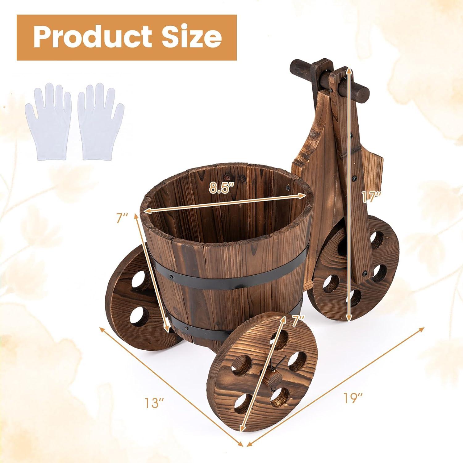 image:imageGiantex Wooden Wagon Planter with Wheels Rustic Wood Plant Stand with Drainage Hole for Flowers Herbs Vegetables Indoor Outdoor Decorative Garden Flower Cart for Patio Backyard Balcony 11