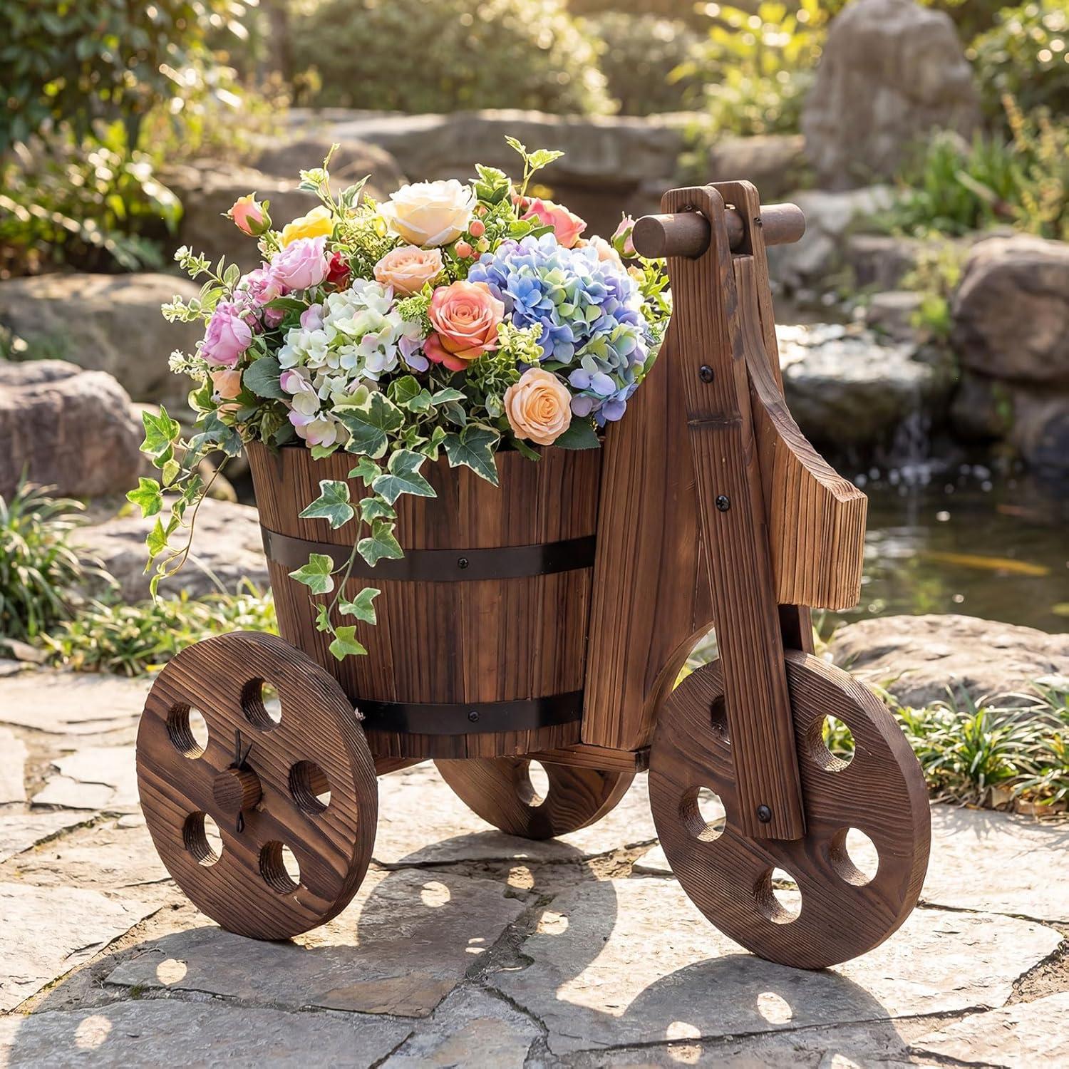 image:imageGiantex Wooden Wagon Planter with Wheels Rustic Wood Plant Stand with Drainage Hole for Flowers Herbs Vegetables Indoor Outdoor Decorative Garden Flower Cart for Patio Backyard Balcony 11