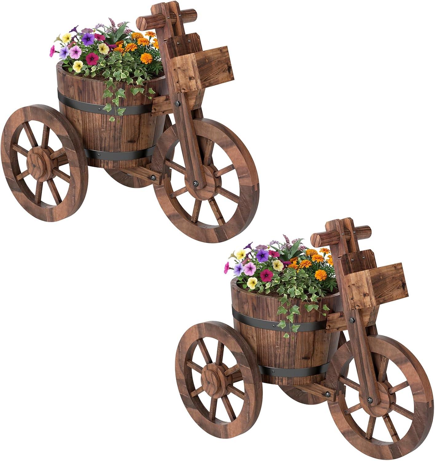 image:imageGiantex Wooden Wagon Planter with Wheels Rustic Wood Plant Stand with Drainage Hole for Flowers Herbs Vegetables Indoor Outdoor Decorative Garden Flower Cart for Patio Backyard Balcony 12