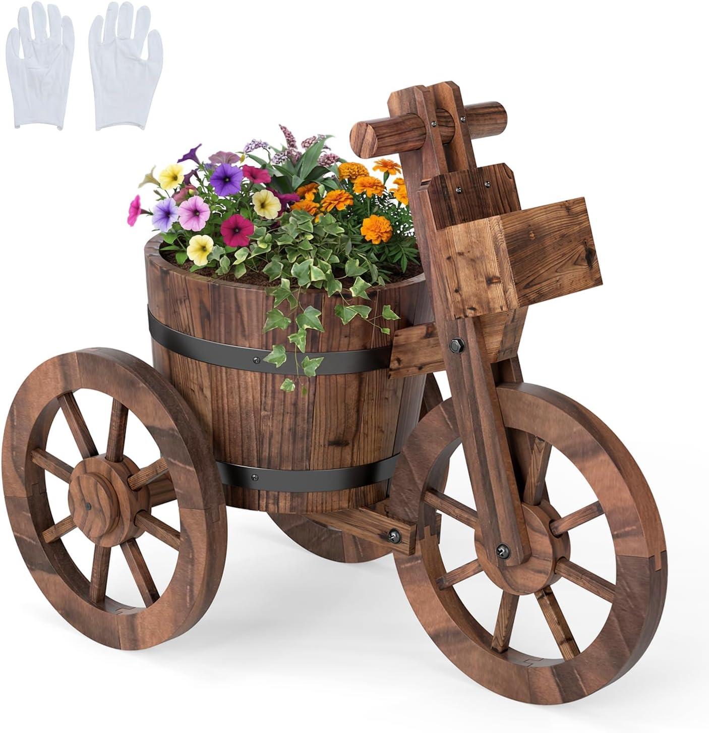 image:imageGiantex Wooden Wagon Planter with Wheels Rustic Wood Plant Stand with Drainage Hole for Flowers Herbs Vegetables Indoor Outdoor Decorative Garden Flower Cart for Patio Backyard Balcony 11