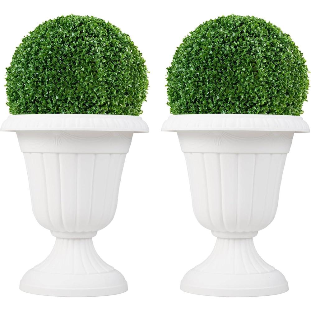 image:imageGiantex 18 Tall Vintage Planters Set of 2 Urn Plastic Flower Pots withPedestal Base amp PreMarked Drain Hole Indoor Outdoor Decorative Plant Containers for Front Porch Home Wedding BronzeWhite