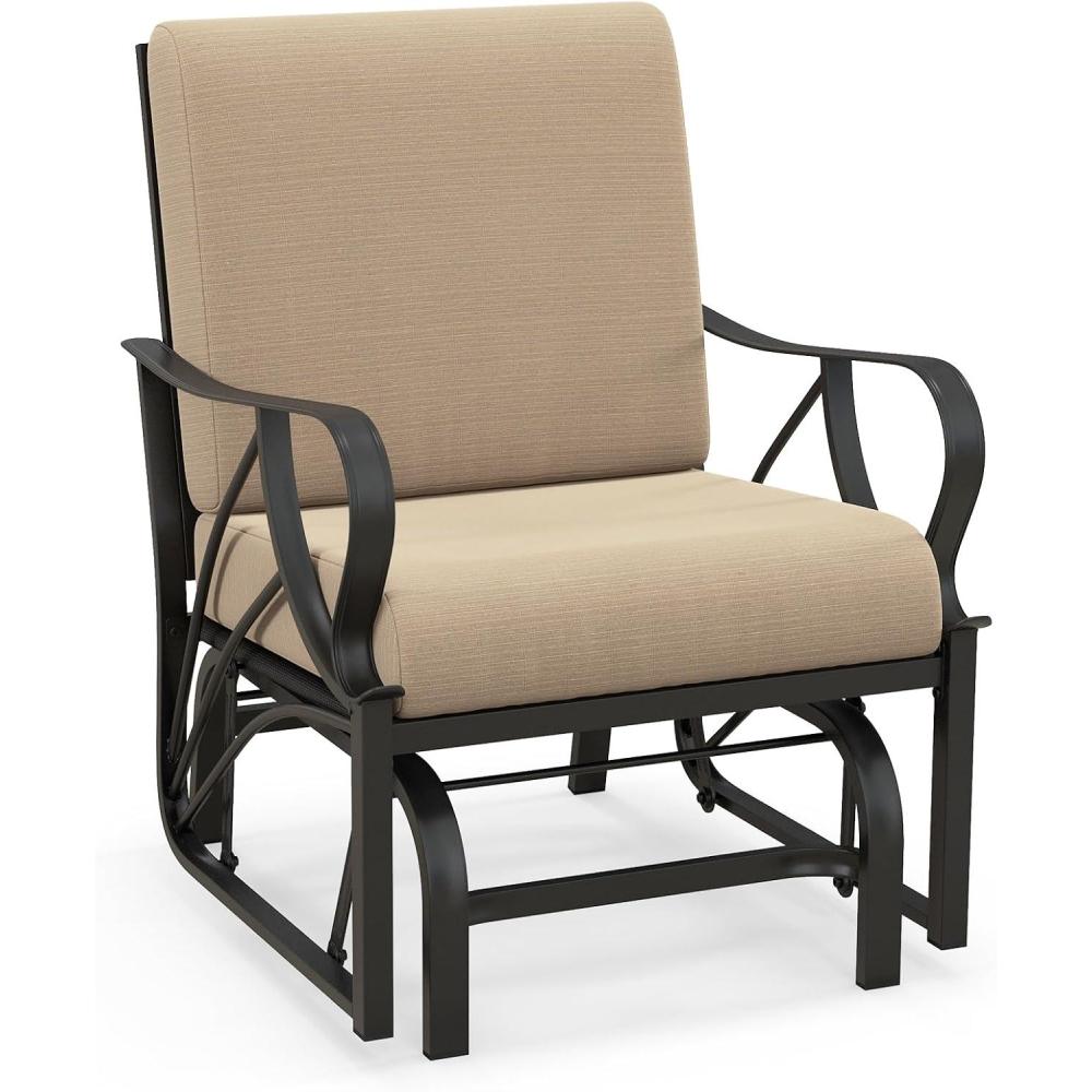 image:imageGiantex 2Pack Outdoor Glider Patio Rocking Chair with Thick Cushion Sturdy Metal Frame Curved Armrest Ergonomic Design SinglePerson Glider Chair for Garden Yard Porch Rocker BlackBeige
