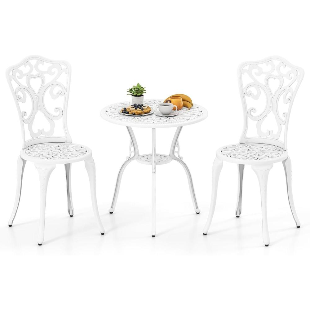 image:imageGiantex 3 Piece Bistro Set Cast Aluminum Porch Furniture Outdoor Patio Dining Table and Chairs with Umbrella Hole for Balcony Backyard Garden Poolside White Rose PatternVintage Victorian