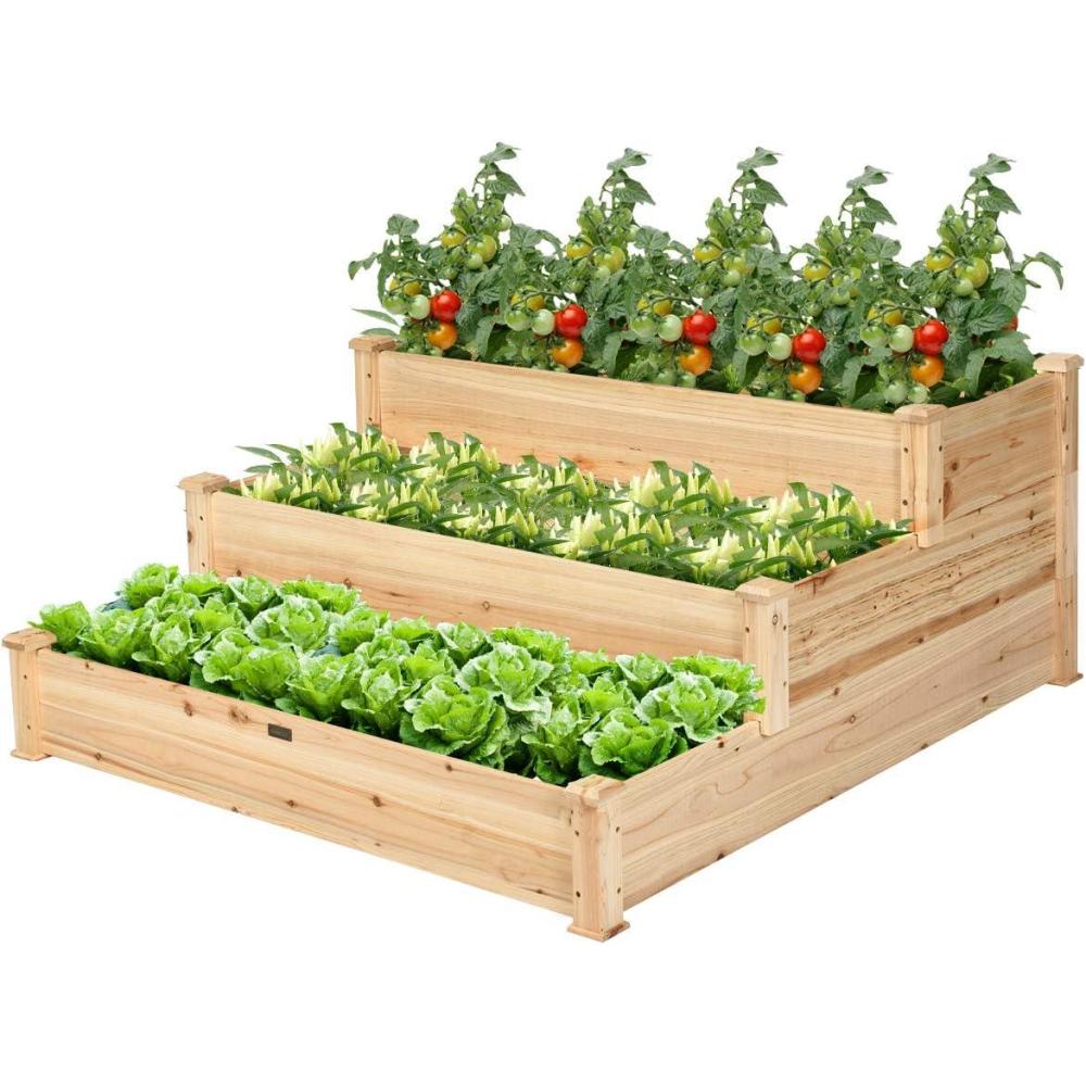 image:imageGiantex 3 Tier Raised Garden Bed Outdoor Planter Box Vegetable Flowers Growing Box Elevated Raised Bed Kit Wood Planting Container 49x49x22 LxWxHNatural