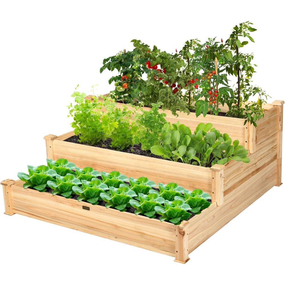 image:imageGiantex 3 Tier Raised Garden Bed Wood Elevated Planter Box Vegetable Flower Growing Bed Kit Outdoor Planting Container for Backyard Lawn Patio Planter Raised Beds Easy Assembly 49X49X22