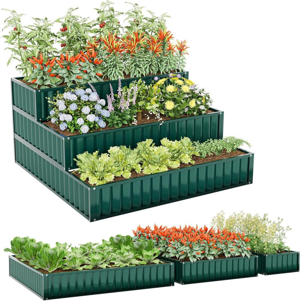 image:imageGiantex 3Tier Raised Garden Bed 47 x47x24 HeavyDuty Metal Outdoor Planter Box wOpenEnded Base Elevated Planter Box for Vegetable Fruit Flower Herb Patio Backyard Raised Bed Kit Green1Green