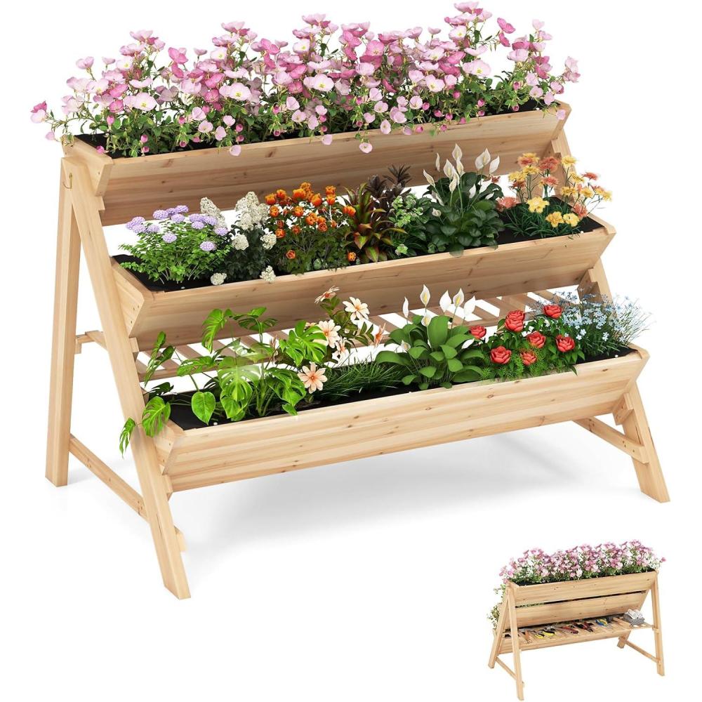 image:imageGiantex 3Tier Raised Garden Bed Wooden Vertical Planter Box with Storage Shelf 2 Hanging Hooks amp 3 Bed Liners AllWeather Freestanding Planter Elevated Raised Beds for Lawn Patio Natural