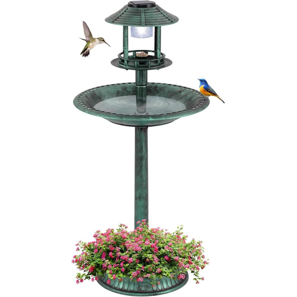 image:imageGiantex 42 inch Bird Bath Solar Lighted Pedestal Bird Bath with Bird Feeder Flower Planter Base Solar Powered Lamp 3 Ground Stakes Standing Birdbath for Outside Garden Yard Outdoor BronzeGreen