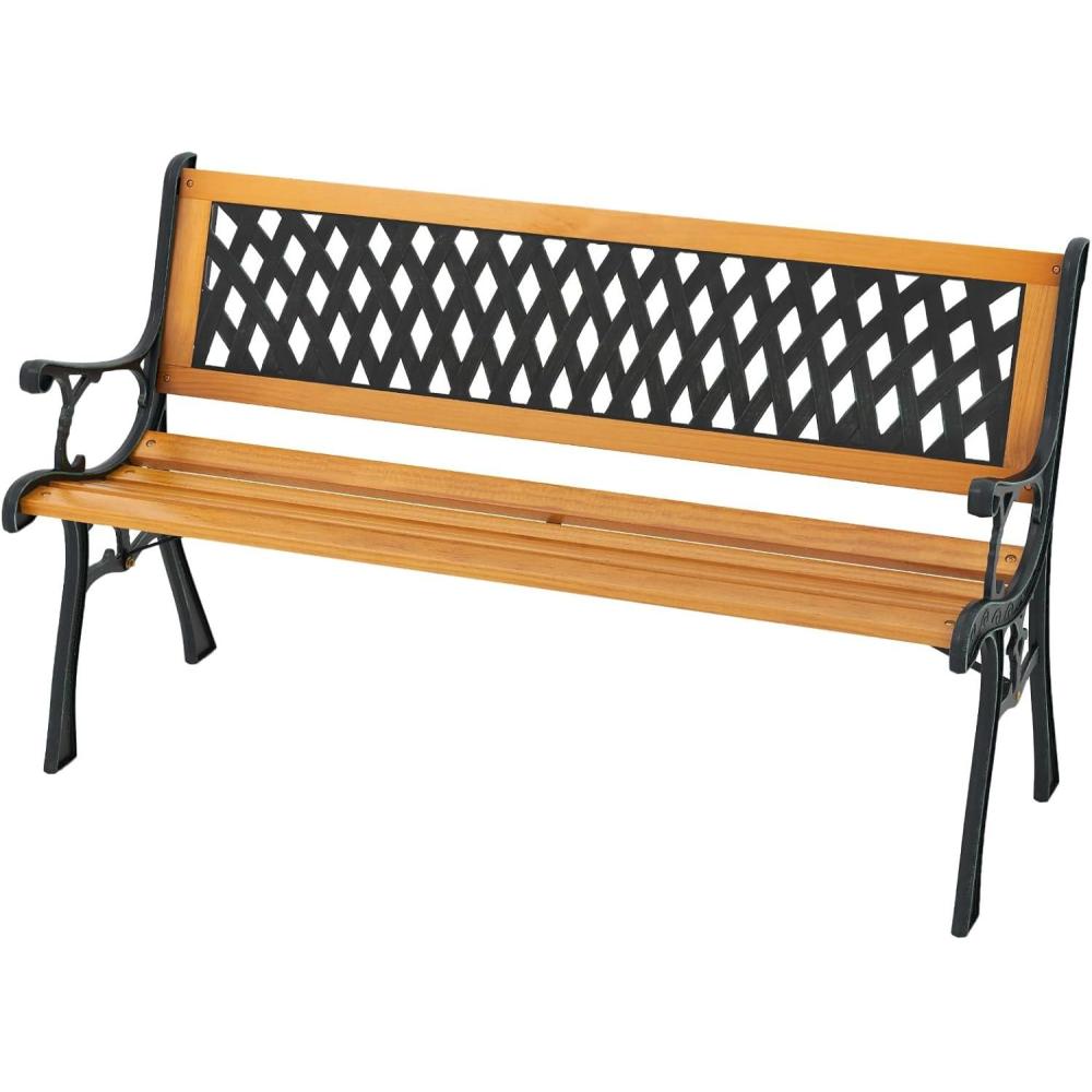 image:imageGiantex 495 3Person Outdoor Bench with Lattice Pattern Backrest 470 Lbs Capacity Slatted Seat Curved Armrests Cast Iron Metal Bench for Garden Outside Patio Porch Yard Park