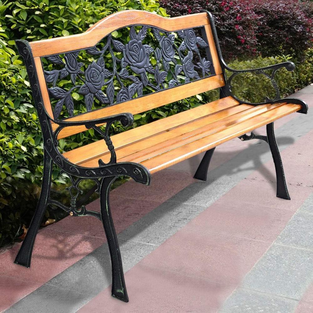 image:imageGiantex 50 Inch Patio Bench Outdoor Furniture Rose Cast Iron Hardwood Frame Porch Loveseat Weather Proof Porch Path Chair for 2 Person Outside Bench