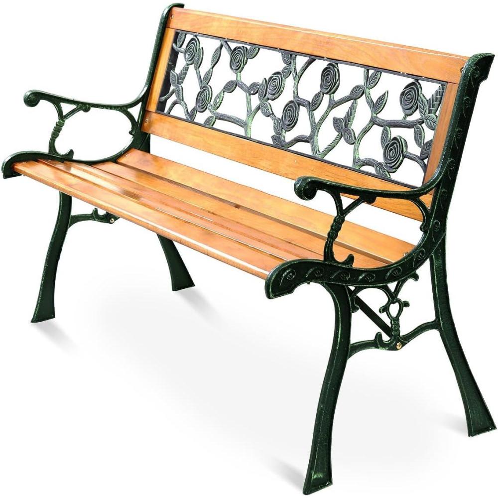 image:imageGiantex 50 Patio Park Garden Bench Outdoor Furniture Rose Cast Iron Hardwood Frame Porch Loveseat for 2 Person Outdoor Clearance