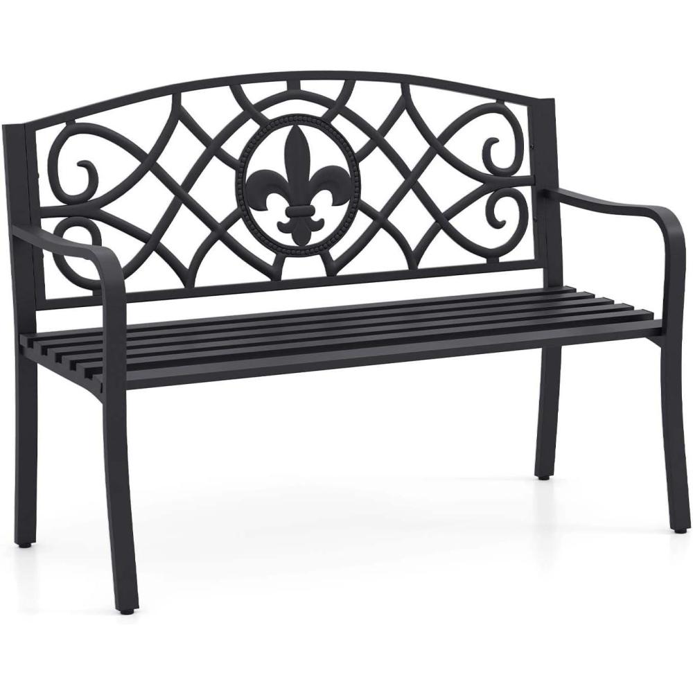 image:imageGiantex 505 Outdoor Bench with Metal Frame Floral Design Cast Iron Backrest Slatted Seat Adjustable Foot Pads Load 660Lbs Garden Bench for Outside Patio Backyard Porch Park Black