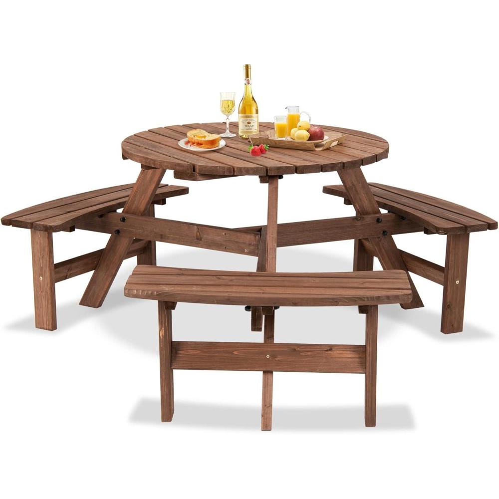 image:imageGiantex 6 Person Wooden Picnic Table Set with Wood Bench with Umbrella Hold Design Perfect for Outdoor Garden Yard Pub Beer Dining Dark Brown67L67 W275