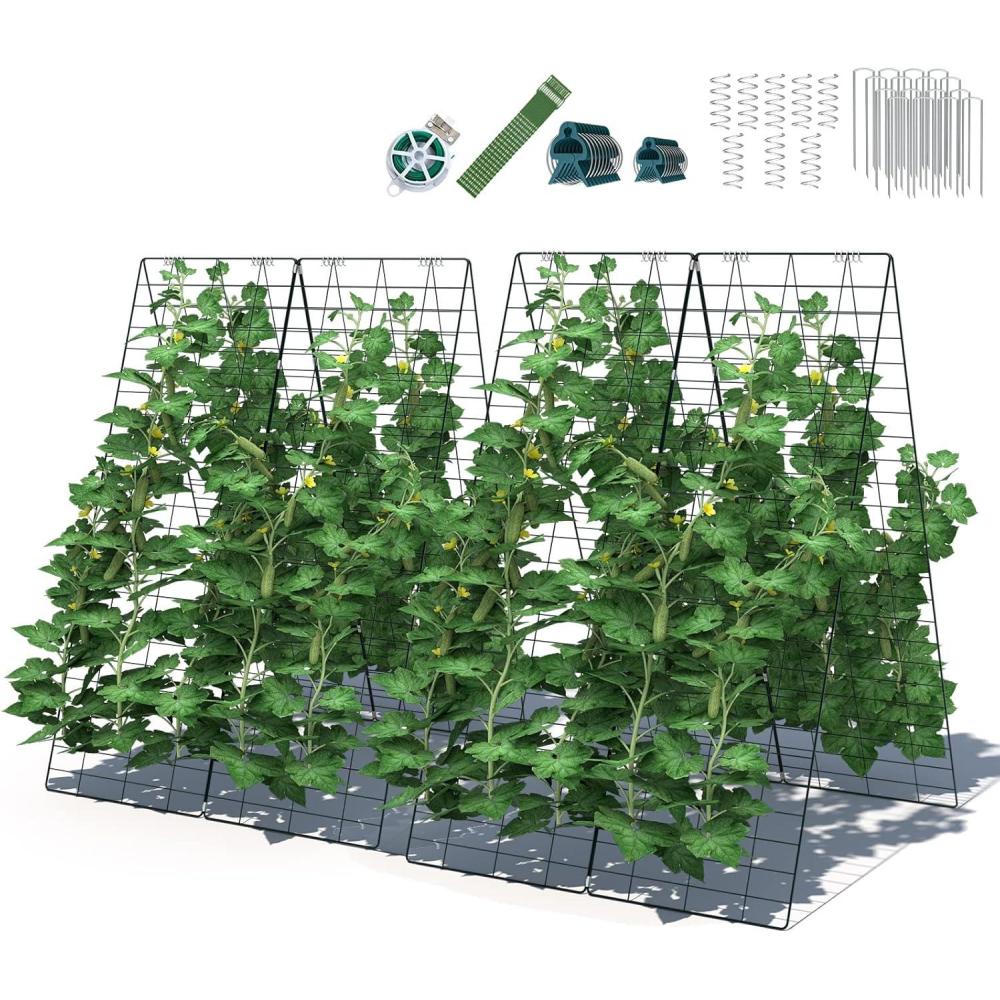 image:imageGiantex 8 Panels Cucumber Trellis AFrame Garden Trellis for Plant Climbing Greenhouse Vegetable Fruit Grow Support with 18 Clips 16 Ground Stakes 8 Spiral Connectors 12 Cable Tie Twist Tie8 Panels47x68