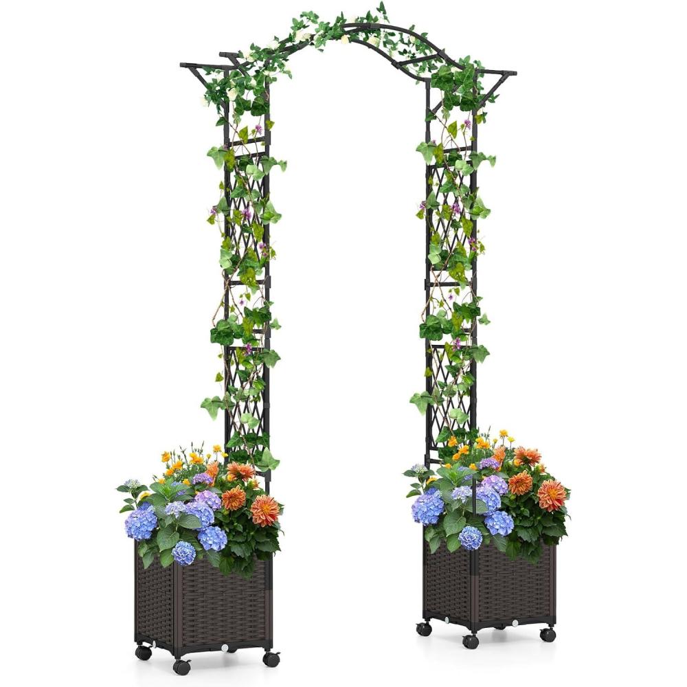image:imageGiantex 82 FT Garden Arch Trellis w 2 SelfWatering Planter Boxes Wheels Metal Pergola Arbor Grape Vine Rose Climbing Plant Support Frame Large Outdoor Wedding Archway for Ceremony Party
