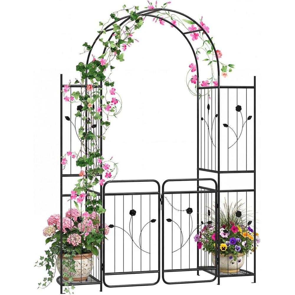 image:imageGiantex 87 Metal Garden Arbor with Lockable Gate and Planter Shelves Outdoor Arch Trellis for Climbing Plants Decorative Wedding Ceremony Backdrop for Patio Pathway Backyard Black