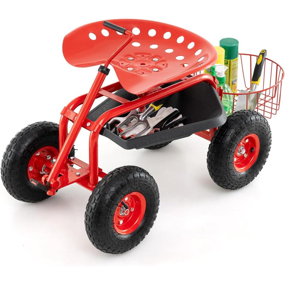 image:imageGiantex Garden Cart 4Wheel Gardening Workseat with Storage Basket Swivel Seat Adjustable Height Steering Handle Garden Utility Cart Steel Stool Seat for Planting GreenRed