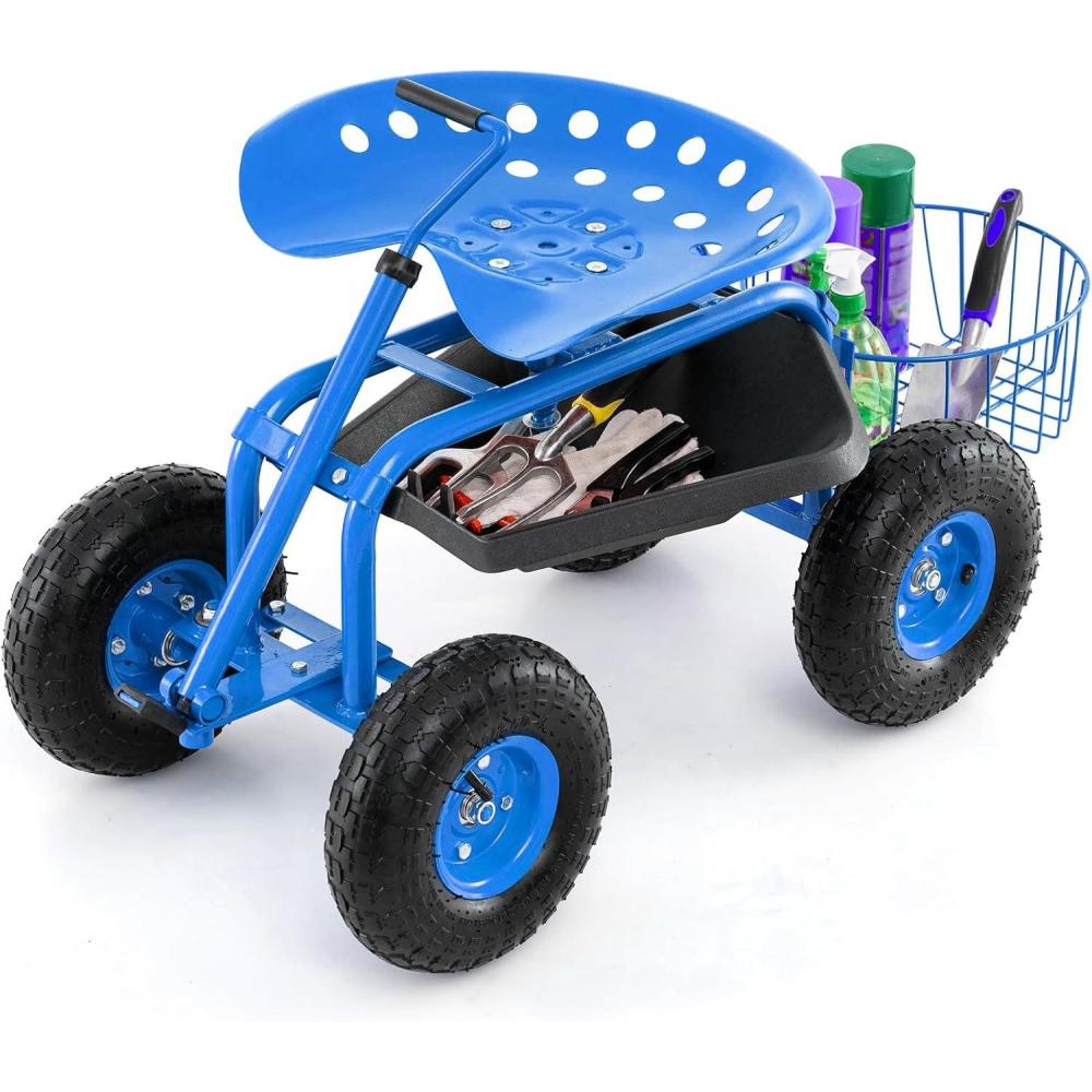 image:imageGiantex Garden Cart 4Wheel Gardening Workseat with Storage Basket Swivel Seat Adjustable Height Steering Handle Garden Utility Cart Steel Stool Seat for Planting GreenBlue