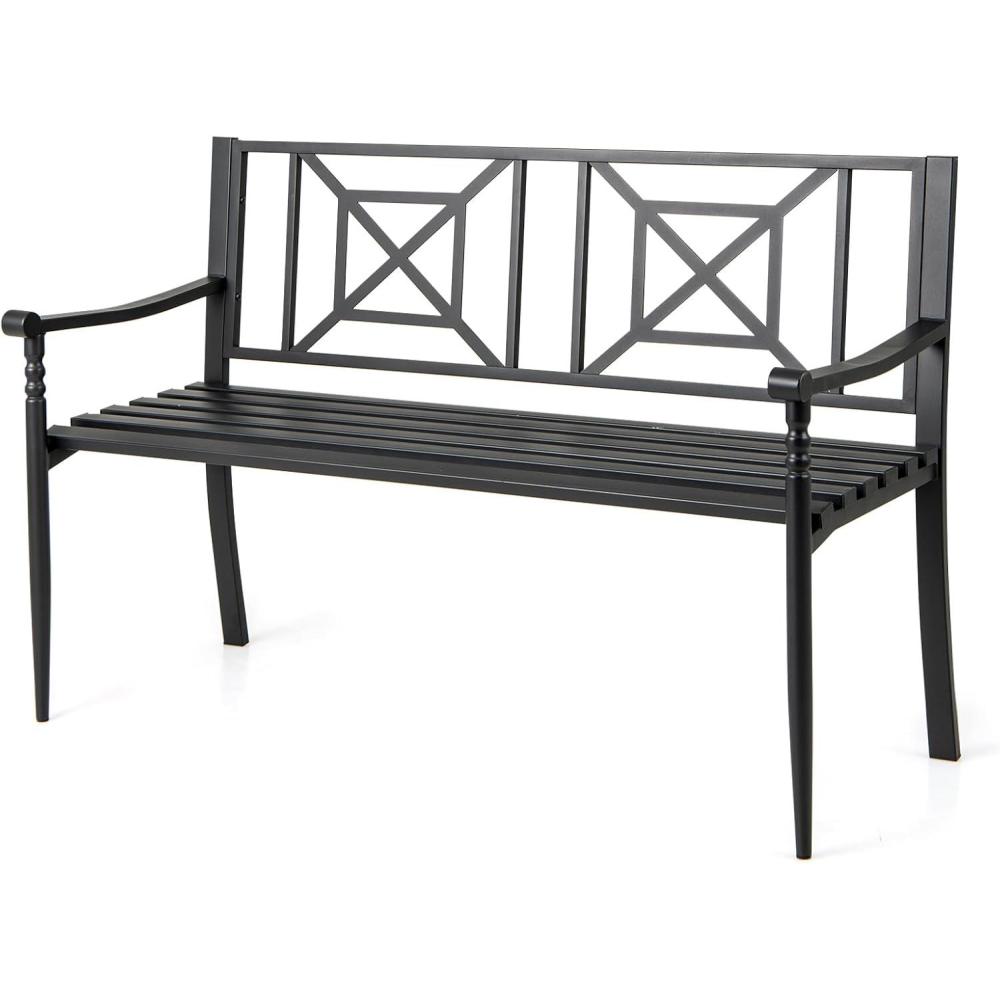 image:imageGiantex Metal Outdoor Bench with Backrest Curved Armrests NonSlip Foot Pads Slatted Seat for 23 Persons Load 660lbs Loveseat Patio Bench for Garden Yard Poolside Lawn Porch Park BlackBlack