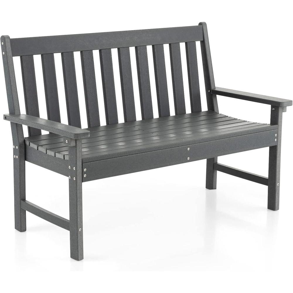 image:imageGiantex Outdoor Bench 52Inch Outside Bench AllWeather HDPE Park Bench with Backrest and Armrests 705 lbs Weight Capacity 2Person Slatted Patio Bench for Porch Yard Lawn Garden Bench TeakGrey