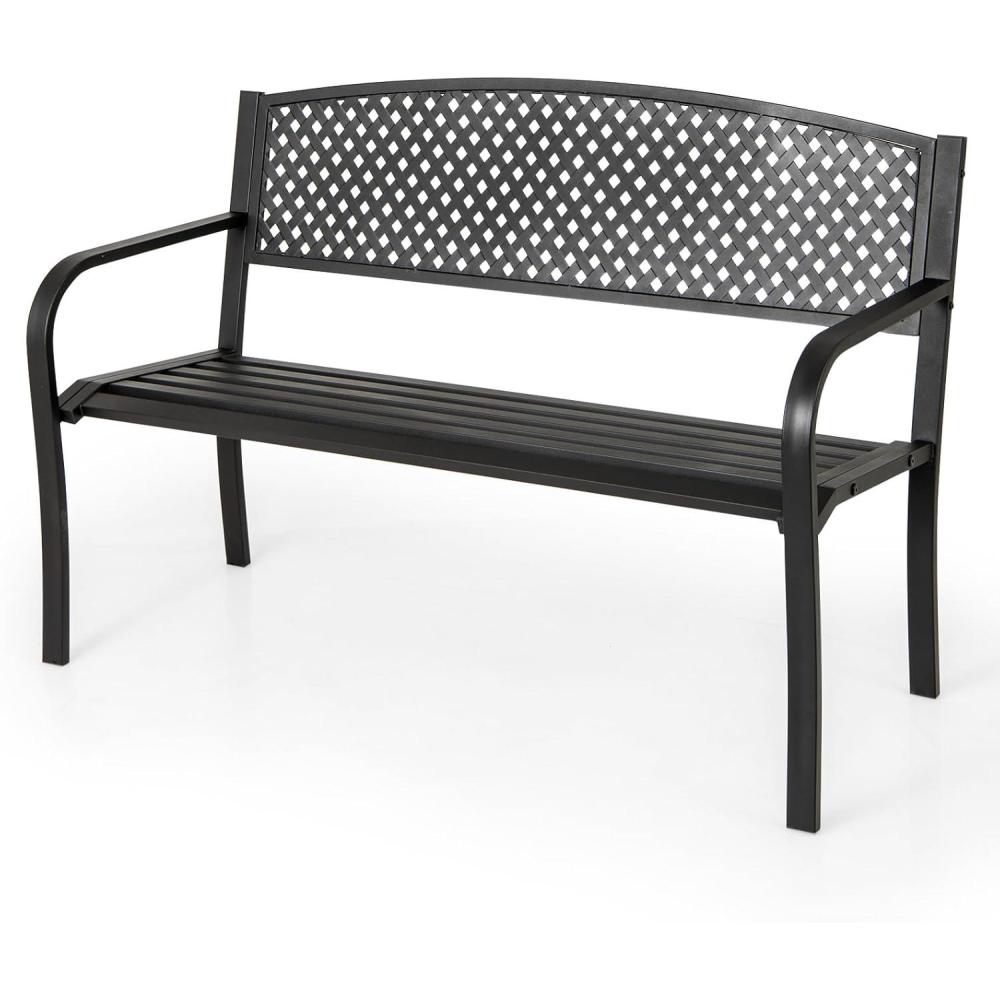 image:imageGiantex Outdoor Bench Garden Bench with Iron Steel Frame PVC Backrest Mesh Pattern Ergonomic Armrests 500 lbs Metal Outside Bench for Patio Park Porch Lawn Yard Balcony Path Entryway Deck5024335