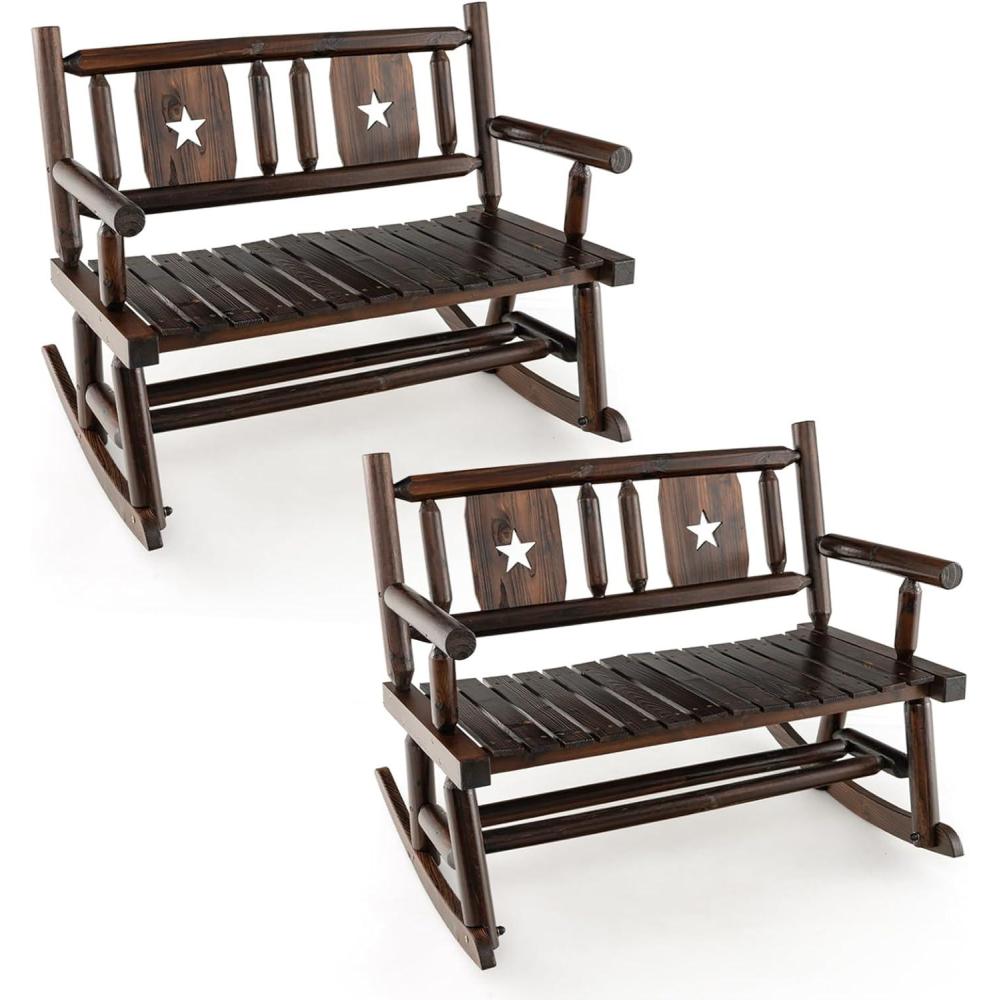 image:imageGiantex Outdoor Rocking Bench Patio Loveseat Rocker for 2 wErgonomic Back amp Log Arms Carbonized Fir Wood Frame Wooden Double Rocking Chair for Porch Garden 710 LB Capacity Rustic Brown 22