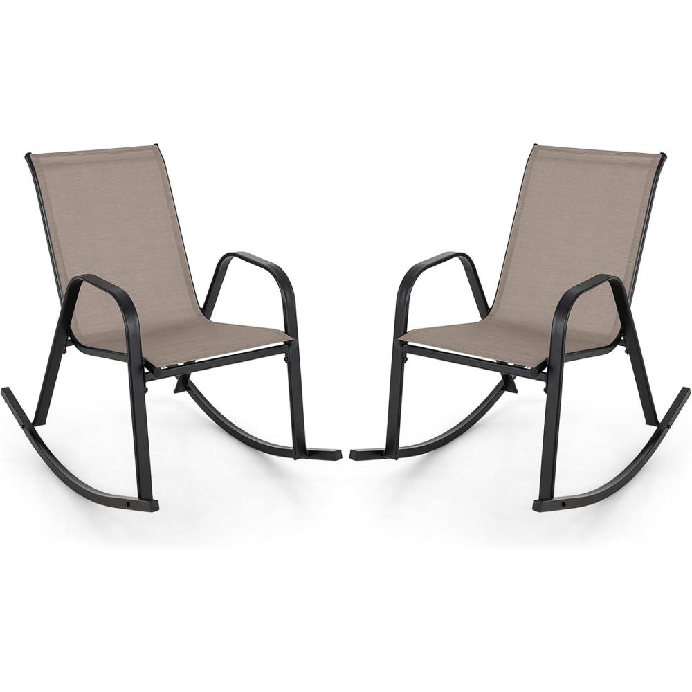 image:imageGiantex Outdoor Rocking Chairs Set of 2 Patio Rocking Chairs wBreathable Seat amp Back HeavyDuty Metal Support Ergonomic Outside Rocker for Backyard Poolside Garden 1 GreyBrown