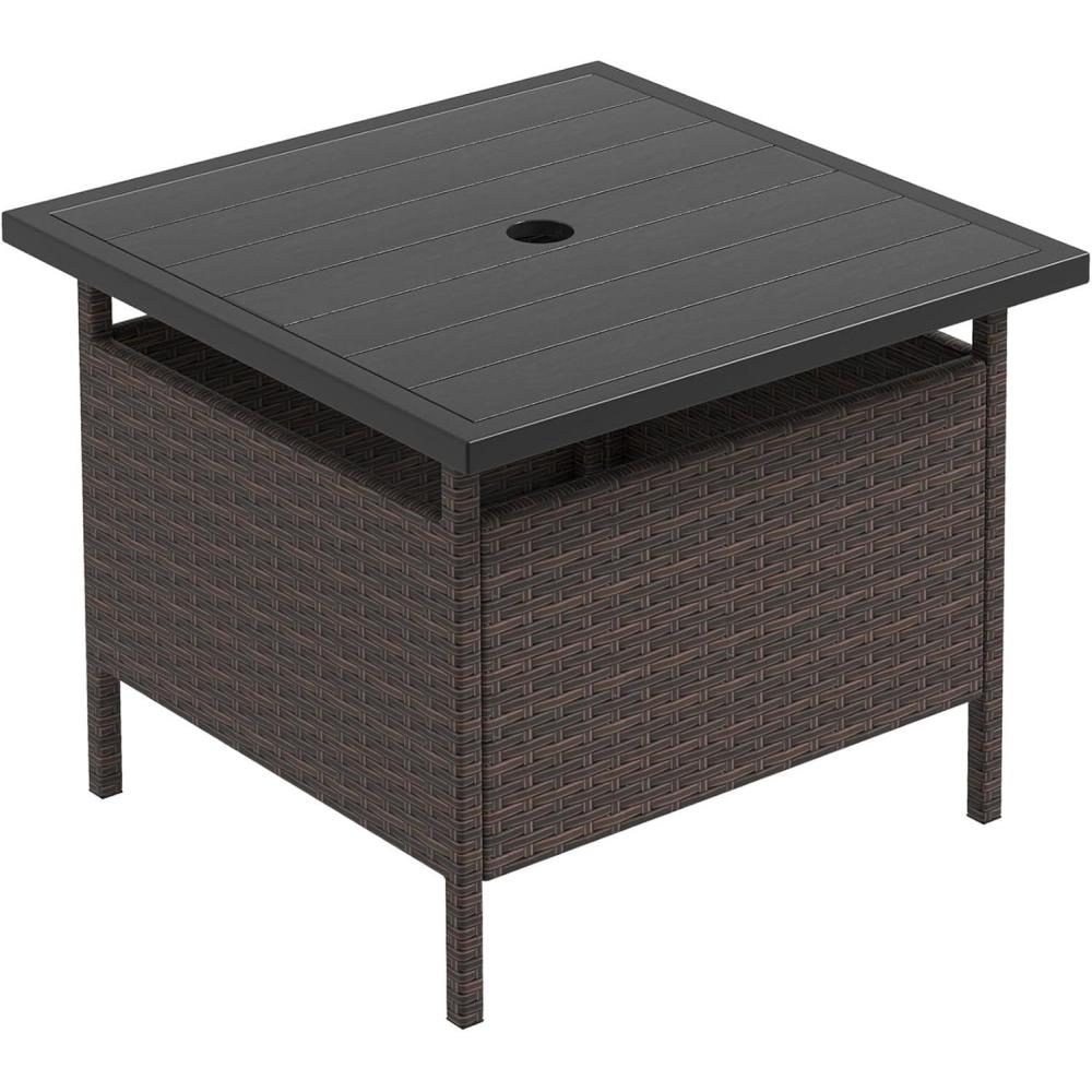 image:imageGiantex Outdoor Side Table with Umbrella Hole 22 Wicker Umbrella Table with Stand and Base WeatherResistant PE Rattan Patio End Table for Deck Garden Poolside Metal Tabletop Light GrayBrown