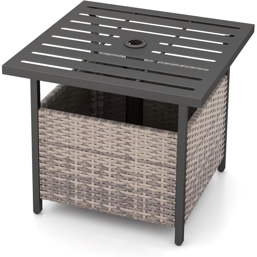 image:imageGiantex Outdoor Side Table with Umbrella Hole 22 Wicker Umbrella Table with Stand and Base WeatherResistant PE Rattan Patio End Table for Deck Garden Poolside Metal Tabletop Light GrayLight Gray