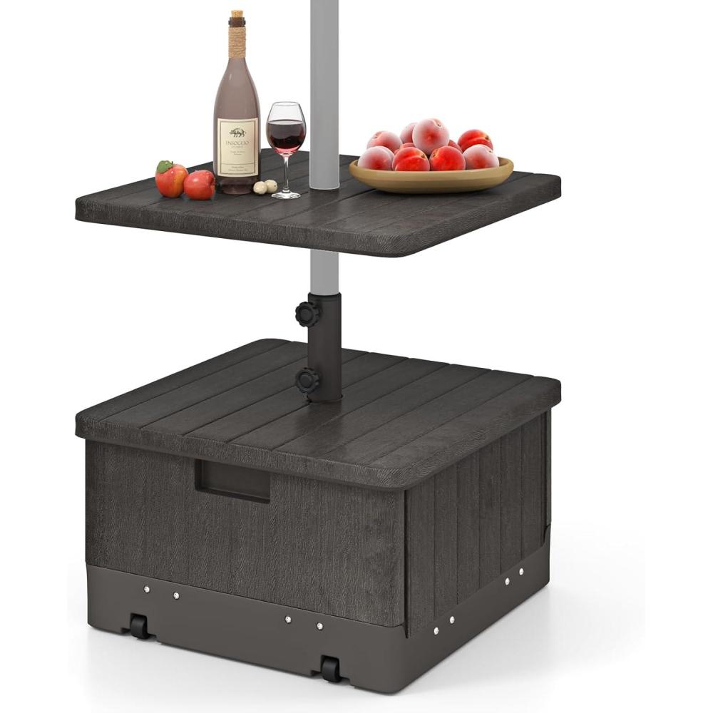 image:imageGiantex Outdoor Side Table with Umbrella Stand 175 lbs Fillable Weighted Bag Adjustable Umbrella Table Tray 2 Wheels and 2 Handles Umbrella Base with Storage for Patio Deck Garden Poolside BlackCoffee