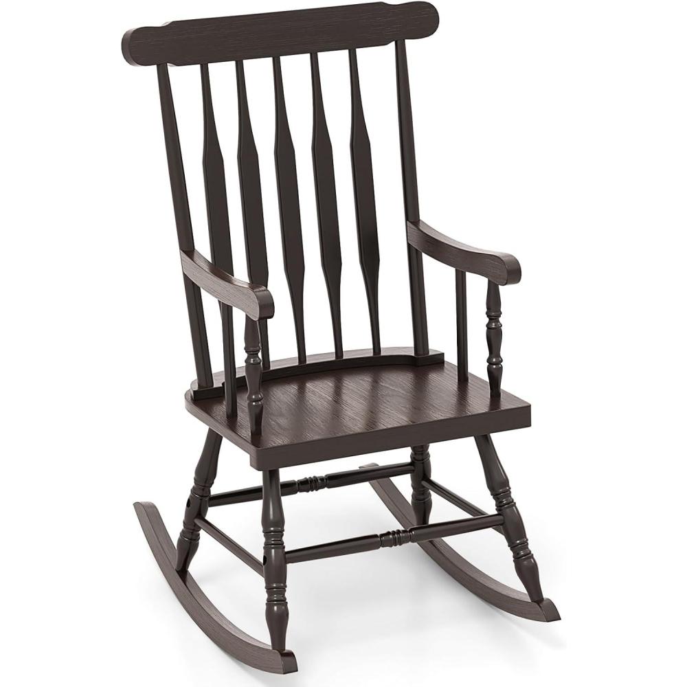image:imageGiantex Outdoor Wood Rocking Chair Patio Rocking Chair with Solid Rubber Wood Frame Slat Back Outside amp Indoor Rocker for Garden Poolside Balcony Backyard Lawn Front Porch Rocker NaturalDark Coffee