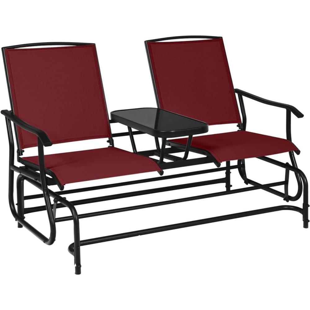 image:imageGiantex Patio Bench Glider Chair with Metal Frame Center Tempered Glass Table Outside Double Rocking Swing Loveseat for Porch Garden Poolside Balcony Lawn Rocker Outdoor Glider BenchGrayBurgundy