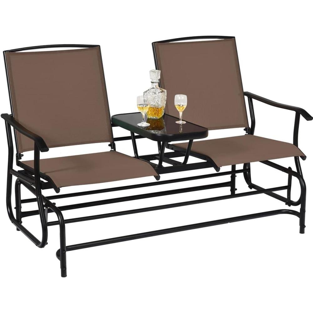 image:imageGiantex Patio Bench Glider Chair with Metal Frame Center Tempered Glass Table Outside Double Rocking Swing Loveseat for Porch Garden Poolside Balcony Lawn Rocker Outdoor Glider BenchGrayBrown