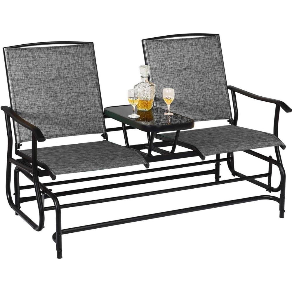 image:imageGiantex Patio Bench Glider Chair with Metal Frame Center Tempered Glass Table Outside Double Rocking Swing Loveseat for Porch Garden Poolside Balcony Lawn Rocker Outdoor Glider BenchGrayGrey