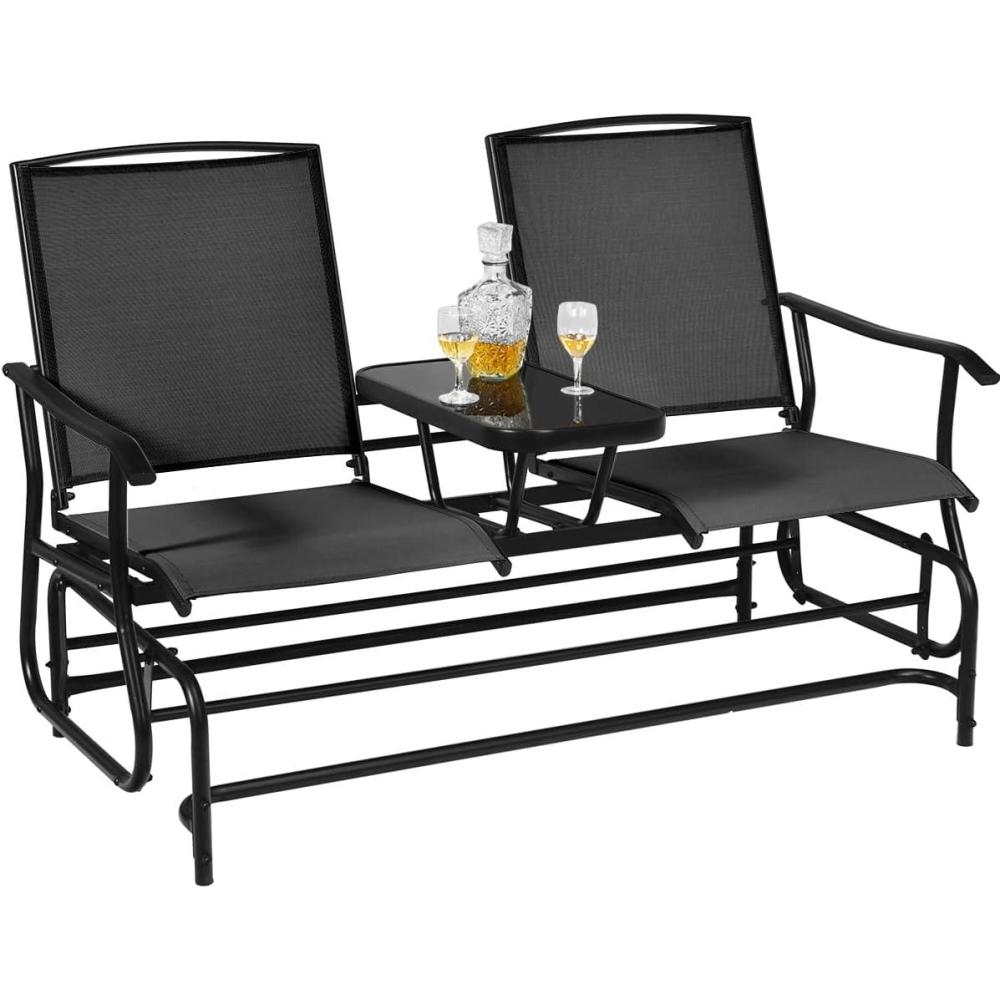 image:imageGiantex Patio Bench Glider Chair with Metal Frame Center Tempered Glass Table Outside Double Rocking Swing Loveseat for Porch Garden Poolside Balcony Lawn Rocker Outdoor Glider BenchGrayBlack