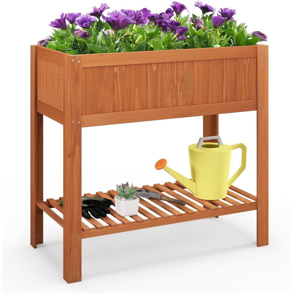 image:imageGiantex Raised Garden Bed Outdoor Elevated Fir Wood Garden Box with Legs Bottom Storage Shelf amp Protective Liner Planter Raised Bed for Gardening Fruit Vegetables Herbs 39 Lx20 Wx39 HCeder Brown