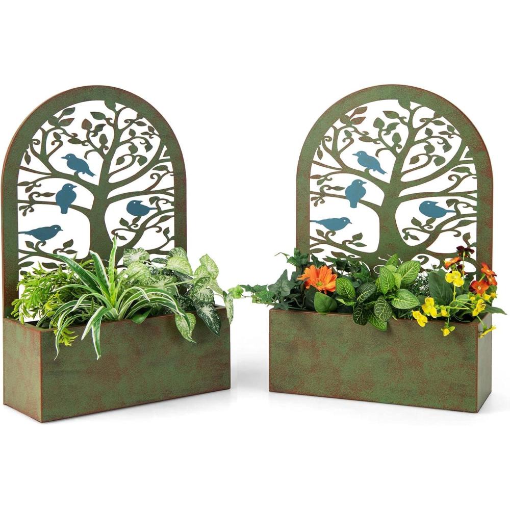 image:imageGiantex Raised Garden Bed Set of 2 WallMounted amp Freestanding Decorative Planter Boxes with Trellises HeavyDuty Metal Elevated Bed for Climbing Plants Outdoor Indoor Planter for Yard Balcony