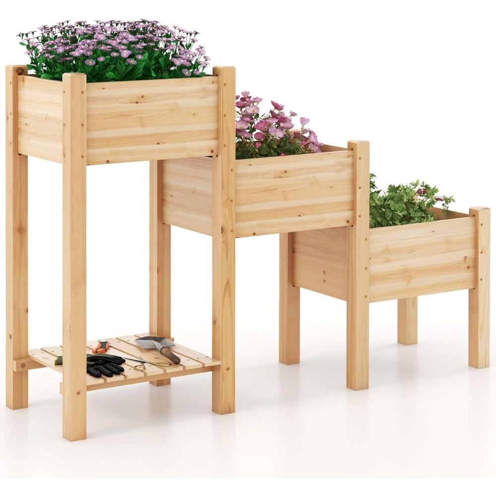 image:imageGiantex Raised Garden Bed Set of 3 Wood Planter Box with Storage Shelf Elevated Raised Beds for Fruit Vegetable Flower Herb Outdoor Freestanding Gardening Container for Patio Lawn
