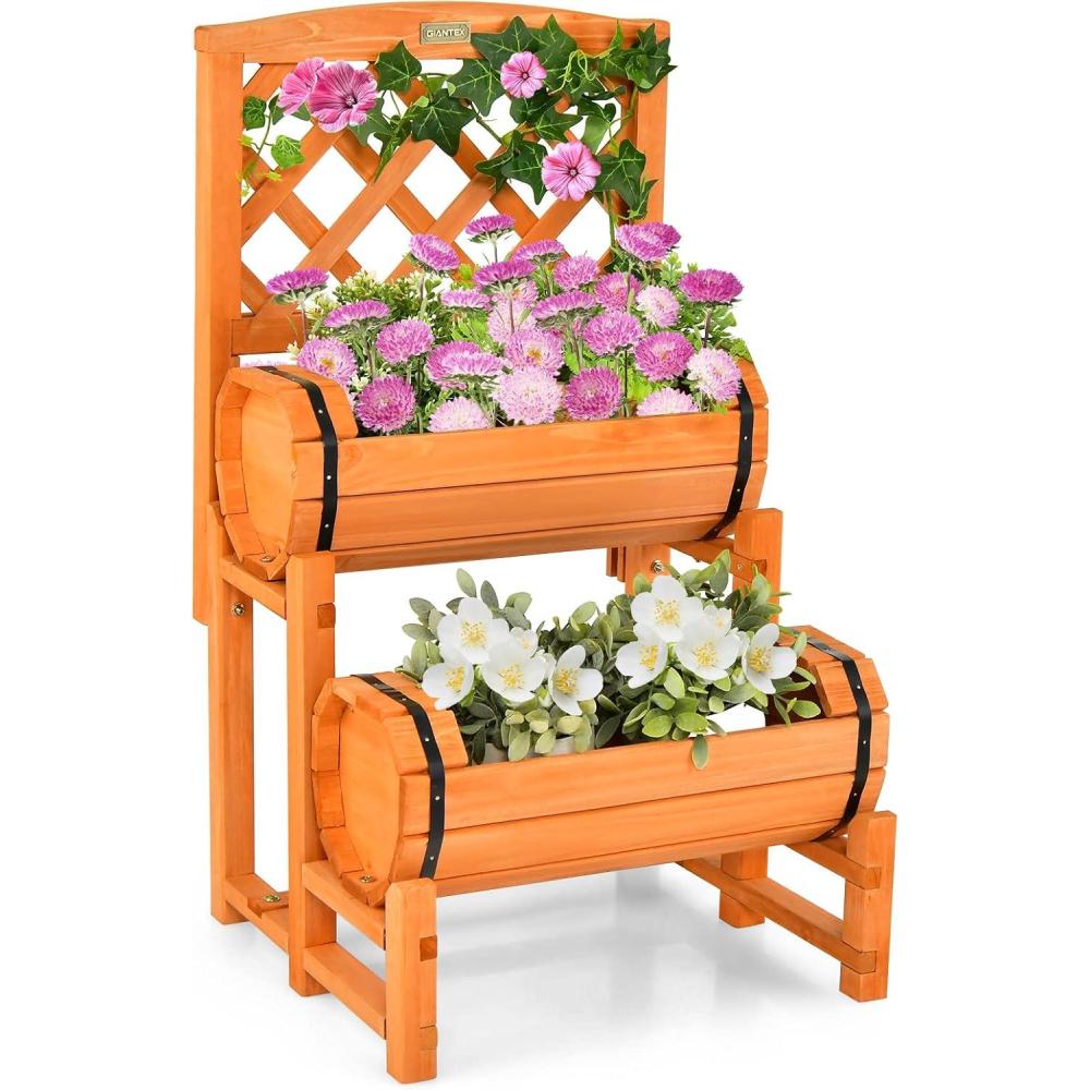 image:imageGiantex Raised Garden Bed with 2 Barrel Planters amp Trellis 2Tier Freestanding Wooden Raised Bed for Vine Vegetable Flower Fruit Indoor Outdoor Plant Box for Garden Yard Balcony 18 Lx14 Wx445 H18Lx18Wx32H