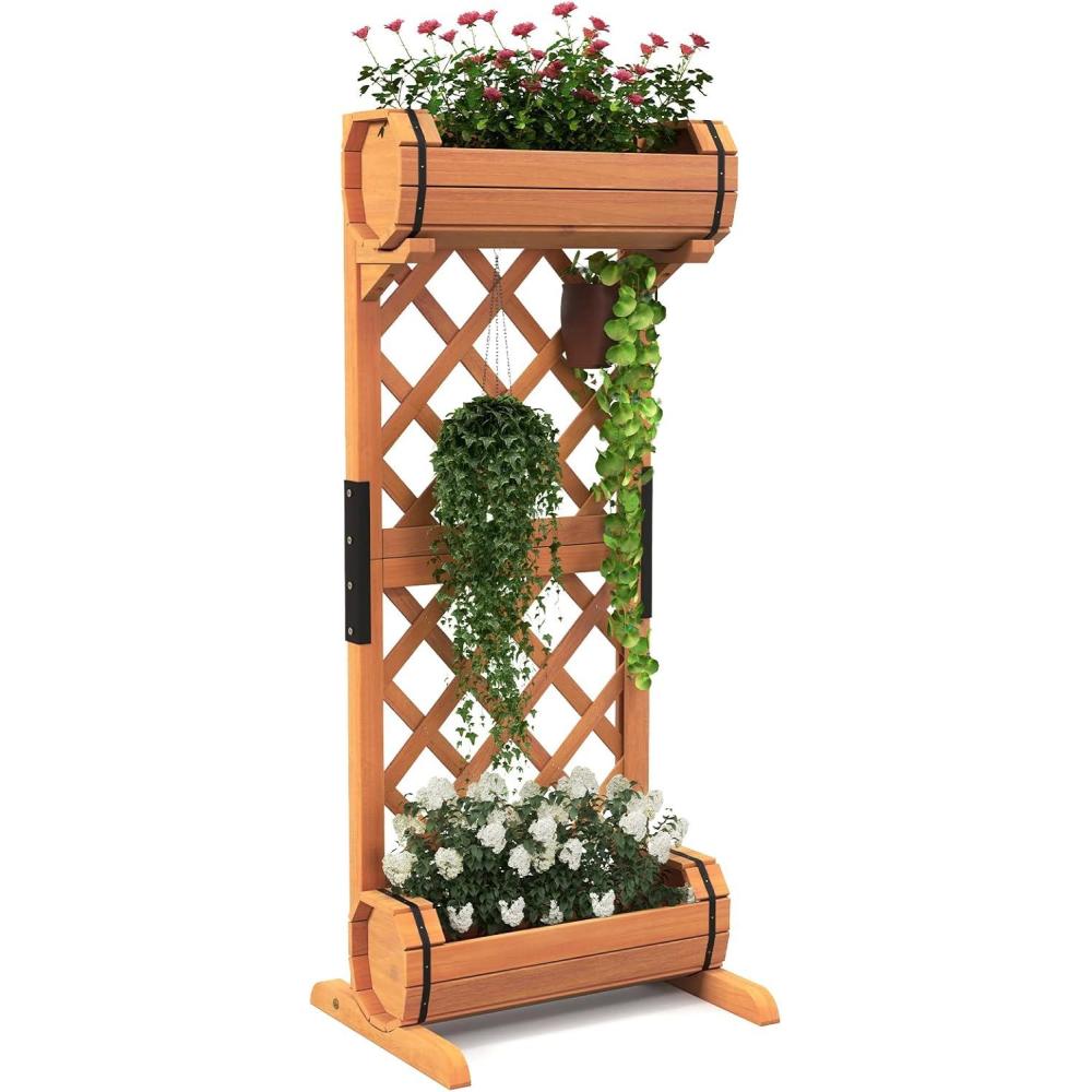 image:imageGiantex Raised Garden Bed with 2 Barrel Planters amp Trellis 2Tier Freestanding Wooden Raised Bed for Vine Vegetable Flower Fruit Indoor Outdoor Plant Box for Garden Yard Balcony 18 Lx14 Wx445 H18Lx14Wx445H
