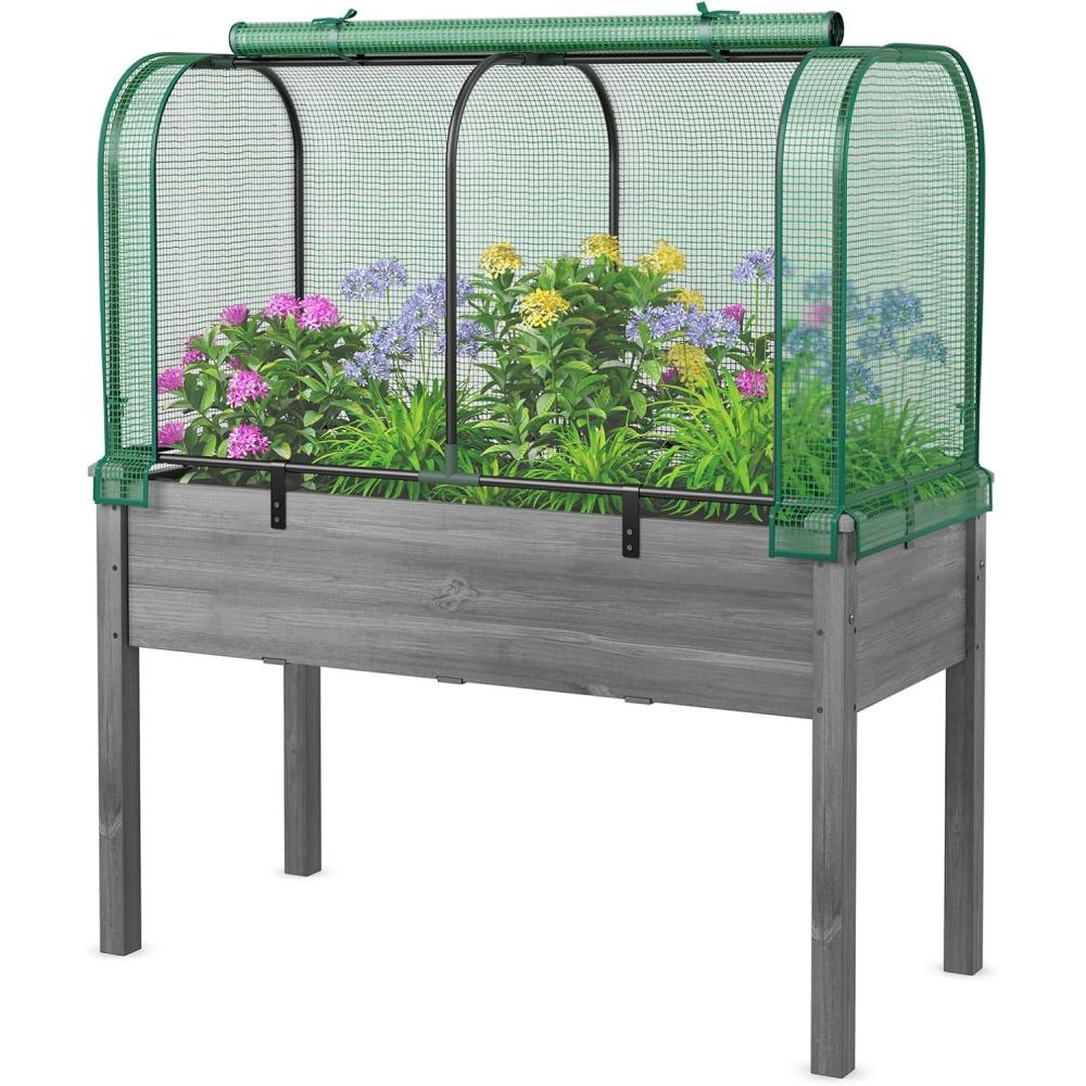 image:imageGiantex Raised Garden Bed with Cover Wood Elevated Planter Box with Legs amp Mini Greenhouse Waterproof SunProtective PE Green House Cover Outdoor Use for Fruit Vegetable Flower Herb WhiteGrayGreengray