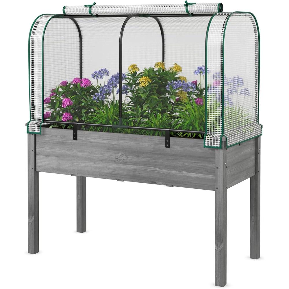 image:imageGiantex Raised Garden Bed with Cover Wood Elevated Planter Box with Legs amp Mini Greenhouse Waterproof SunProtective PE Green House Cover Outdoor Use for Fruit Vegetable Flower Herb WhiteGrayWhitegray