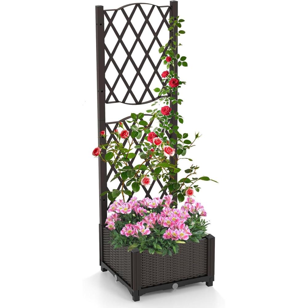 image:imageGiantex Raised Garden Bed with Lattice Trellis SelfWatering Planter Box with Drain Hole for Vine Vegetable Herb Flower Fruit Indoor Outdoor Standing Privacy Fence for Yard Porch Balcony16Lx16Wx48H