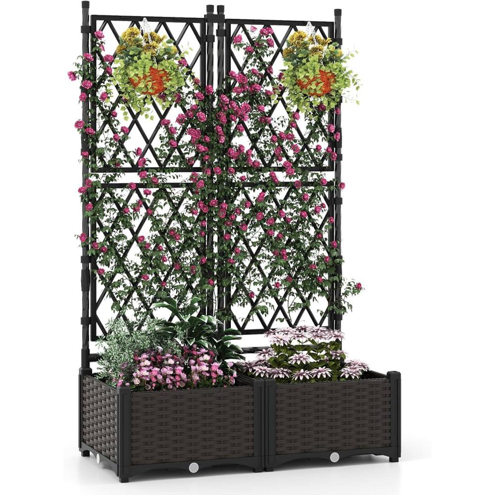 image:imageGiantex Raised Garden Bed with Lattice Trellis SelfWatering Planter Box with Drain Hole for Vine Vegetable Herb Flower Fruit Indoor Outdoor Standing Privacy Fence for Yard Porch Balcony32LX16WX50H