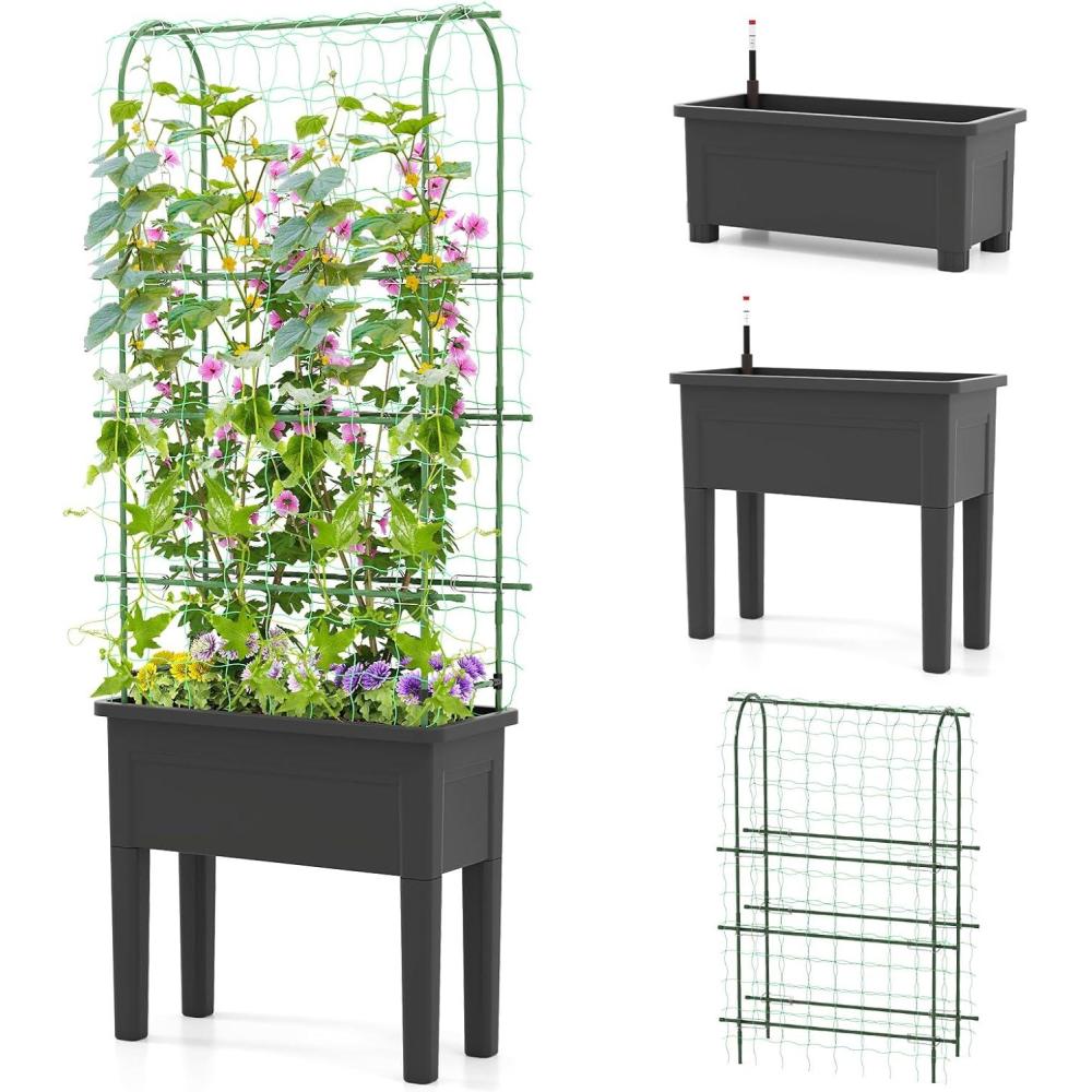 image:imageGiantex Raised Garden Bed with Legs amp Trellis for Climbing Plants SelfWatering Planter Box wWater Level Gauge for Vine Flower Herb Vegetable 295x135x76295x135x76