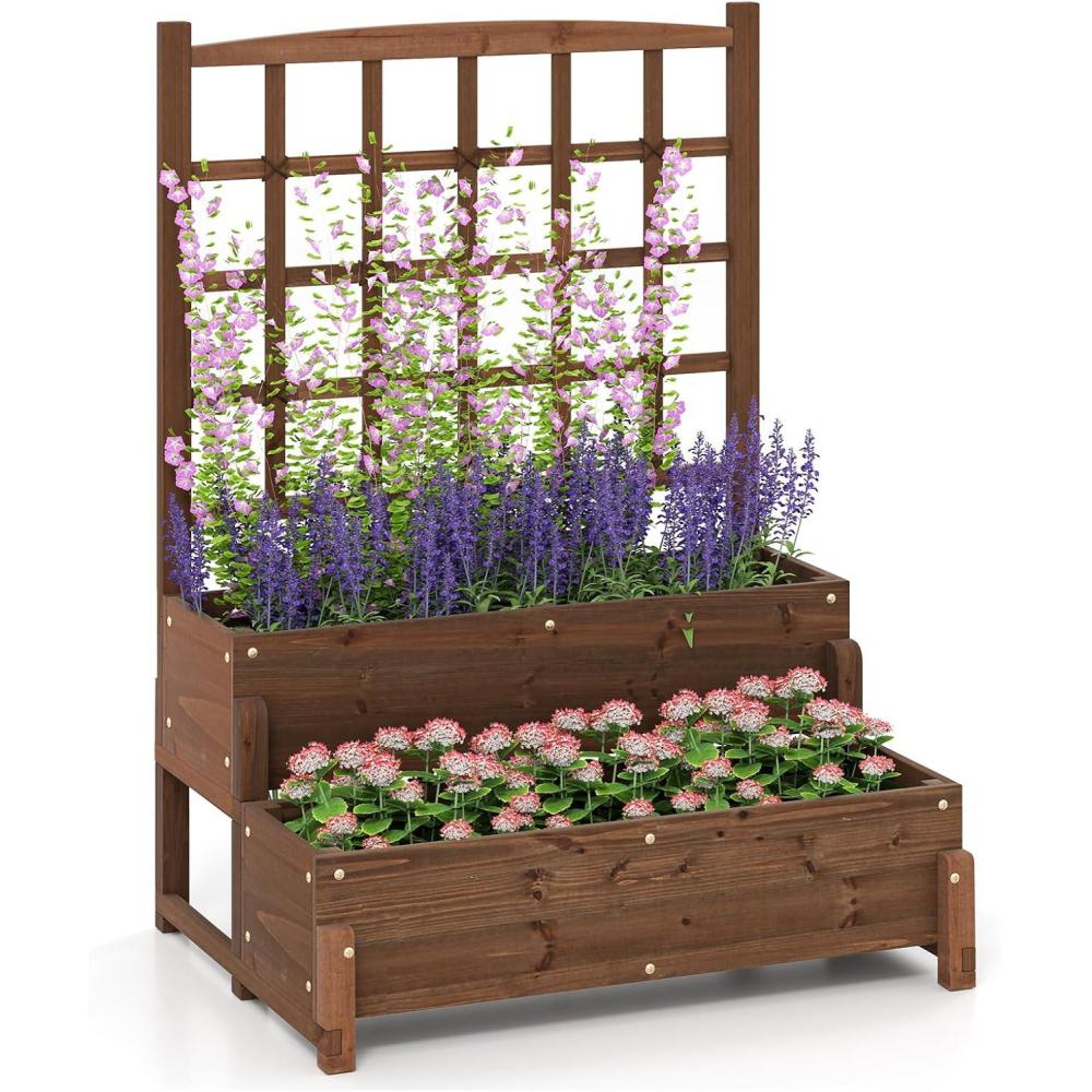 image:imageGiantex Raised Garden Bed with Legs and Trellis 2Tier Standing Planter Box with Drain Holes Outdoor Elevated Garden Trellis for Vine Climbing Flower Vegetable Fruit Herb Growing Rustic Brown1