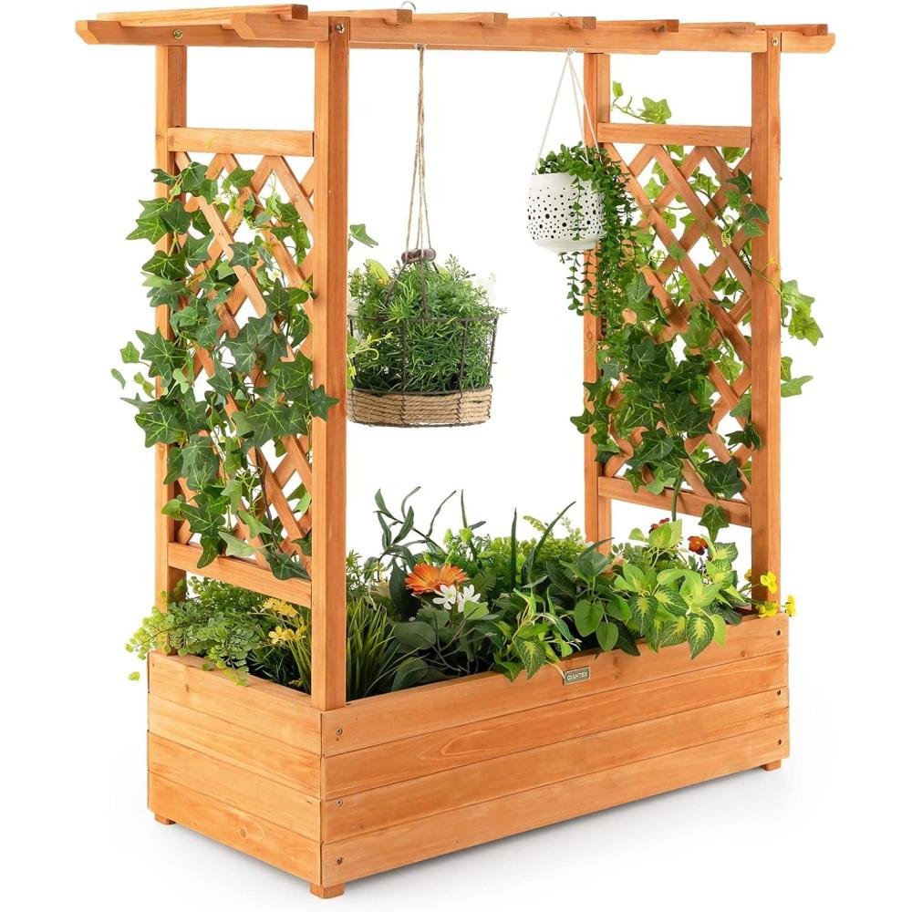 image:imageGiantex Raised Garden Bed with Trellis Wood Planter Box with Roof amp Side Trellis Drain Holes Elevated Raised Bed with Trellis for Climbing Plant and Pot Hanging Indoor Outdoor Patio Balcony