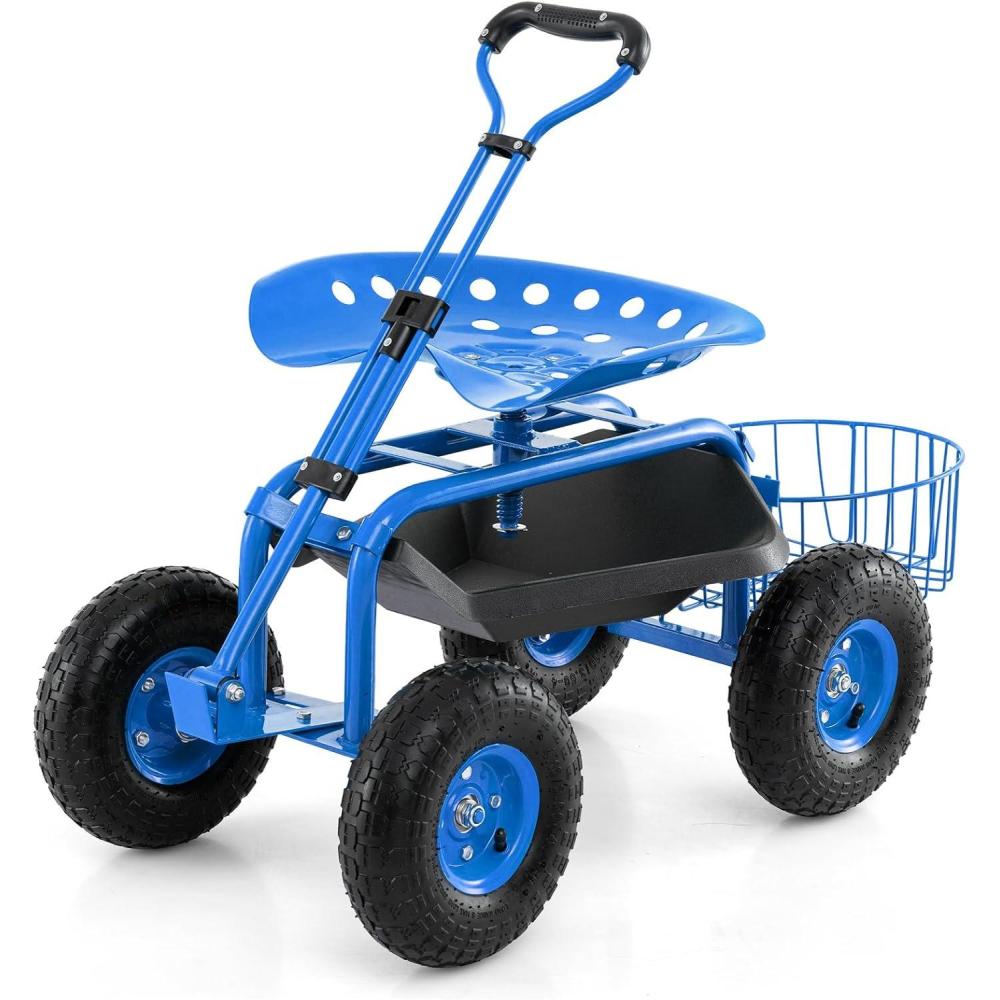 image:imageGiantex Rolling Garden Cart with Seat 4Wheel Gardening Workseat with Storage Basket Swivel Stool Adjustable Seat Steering Handle Garden Utility Cart Steel Frame GreenBlue